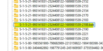 Elenco delle chiavi di registro in ProfileList con evidenziata una cartella che termina con estensione punto bak