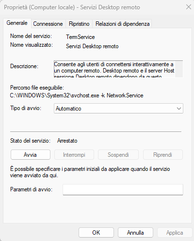 Elenco dei servizi locali di Windows con il servizio Servizi Desktop remoto TermService in stato arrestato
