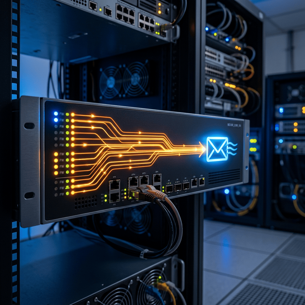 Network switch with glowing data paths and connected cables in a server rack