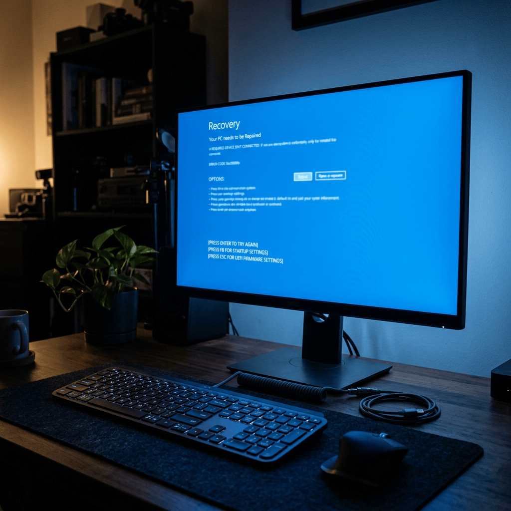 Monitor displaying Windows Recovery with PC repair options and keyboard below