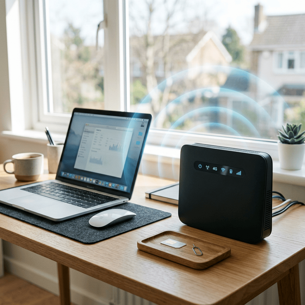 Laptop and 4G Wi-Fi router on a home office desk