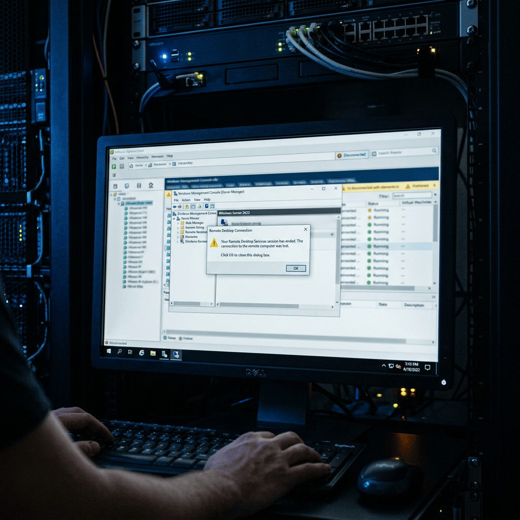 Server rack monitor displaying a Remote Desktop Connection warning that the remote session has ended