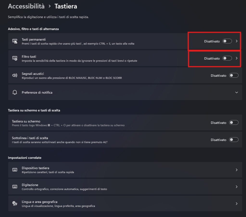 Impostazione delle accessibilità di Windows 11