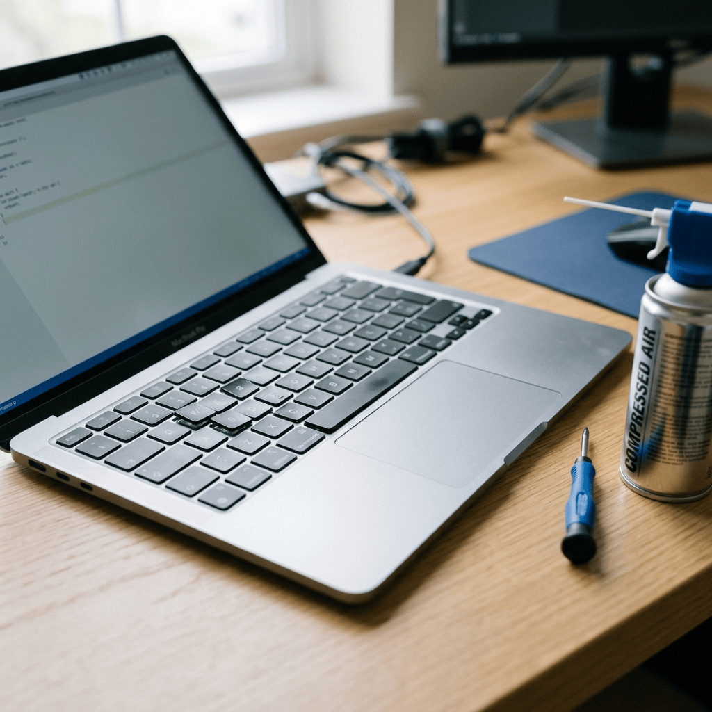 Laptop beside screwdrivers and compressed air can on wooden desk