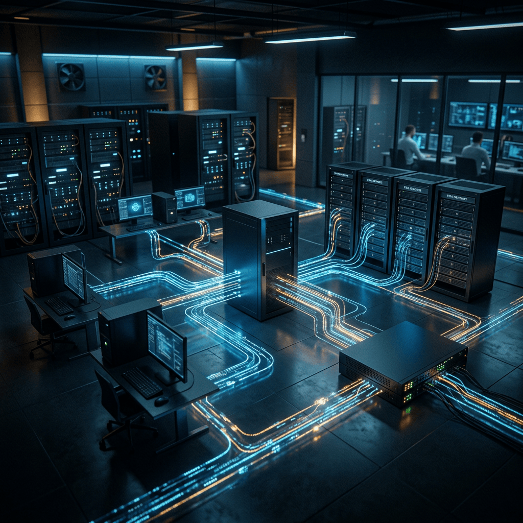 Server racks and computers connected by glowing blue and orange network pathways